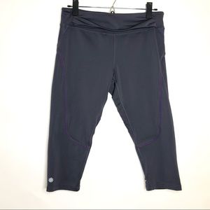 ATHLETA quick step capri leggings gray with purple cord. Front waist ove…